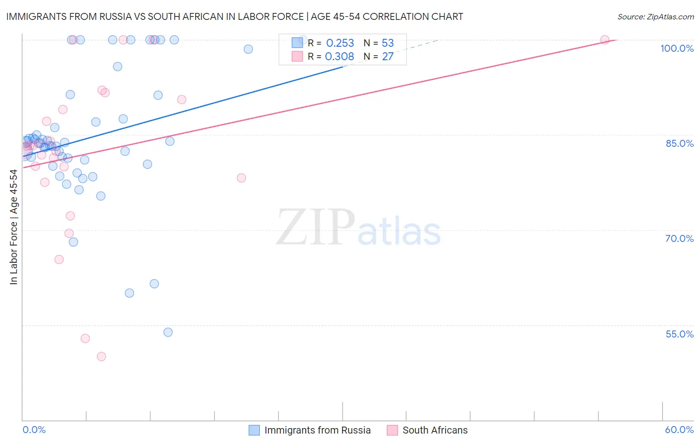 Immigrants from Russia vs South African In Labor Force | Age 45-54