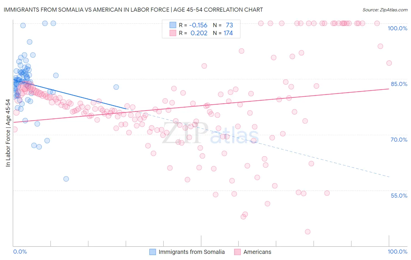 Immigrants from Somalia vs American In Labor Force | Age 45-54