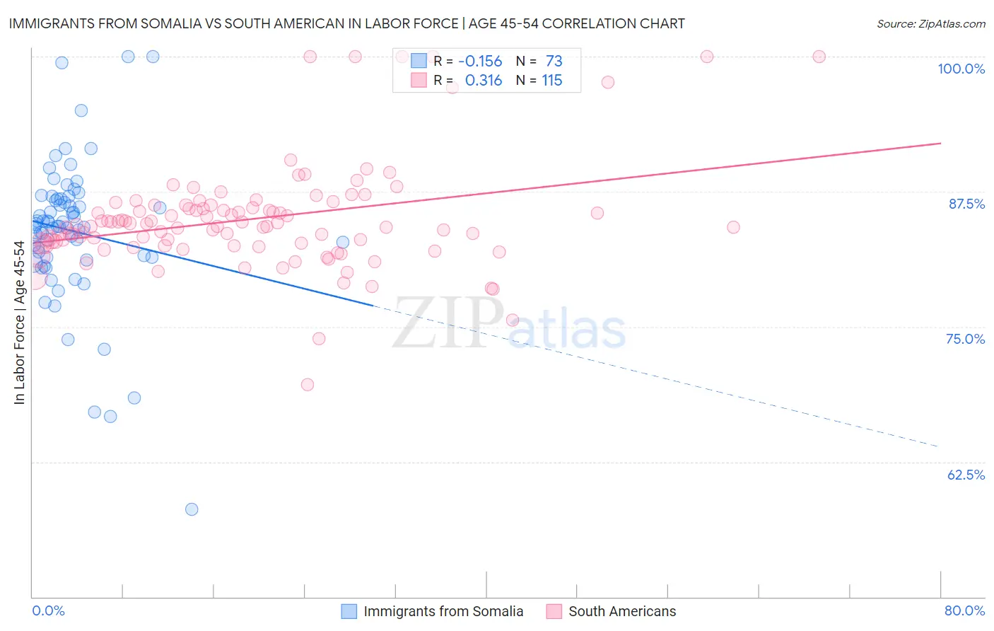 Immigrants from Somalia vs South American In Labor Force | Age 45-54