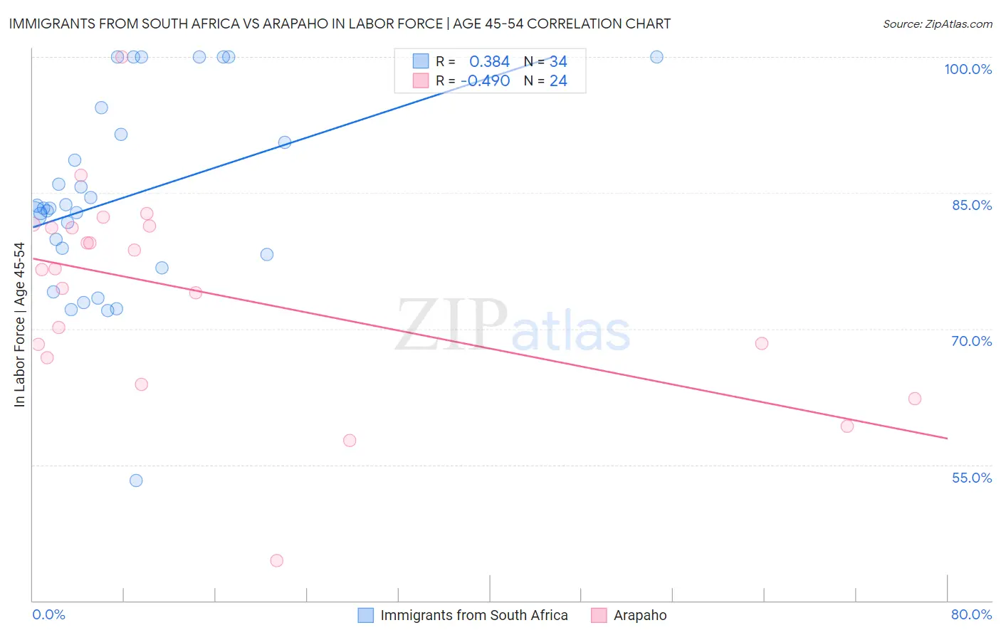 Immigrants from South Africa vs Arapaho In Labor Force | Age 45-54