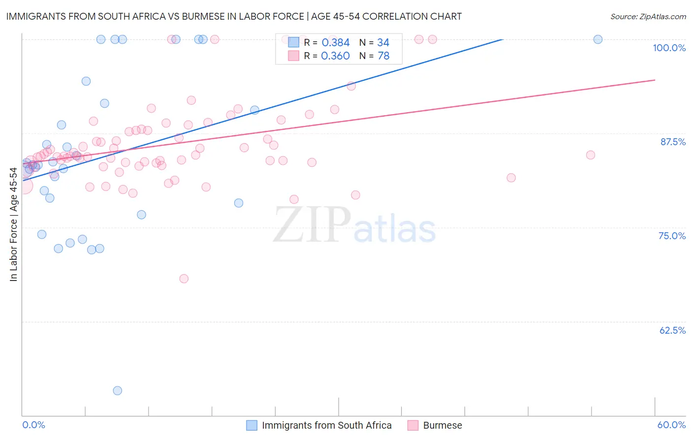 Immigrants from South Africa vs Burmese In Labor Force | Age 45-54
