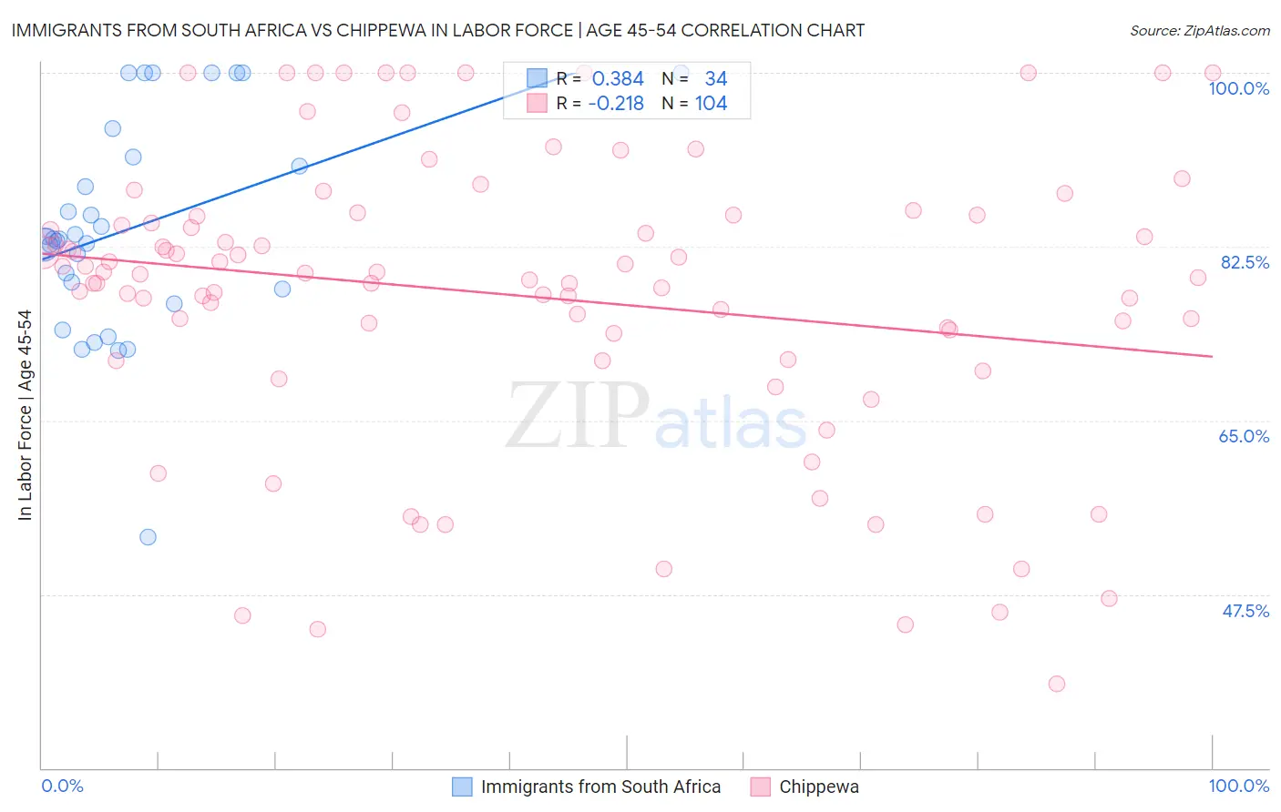 Immigrants from South Africa vs Chippewa In Labor Force | Age 45-54