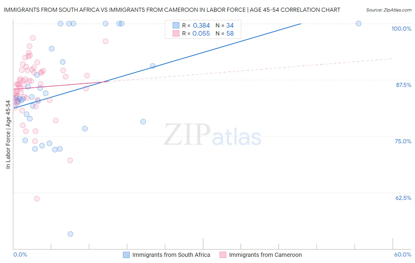 Immigrants from South Africa vs Immigrants from Cameroon In Labor Force | Age 45-54