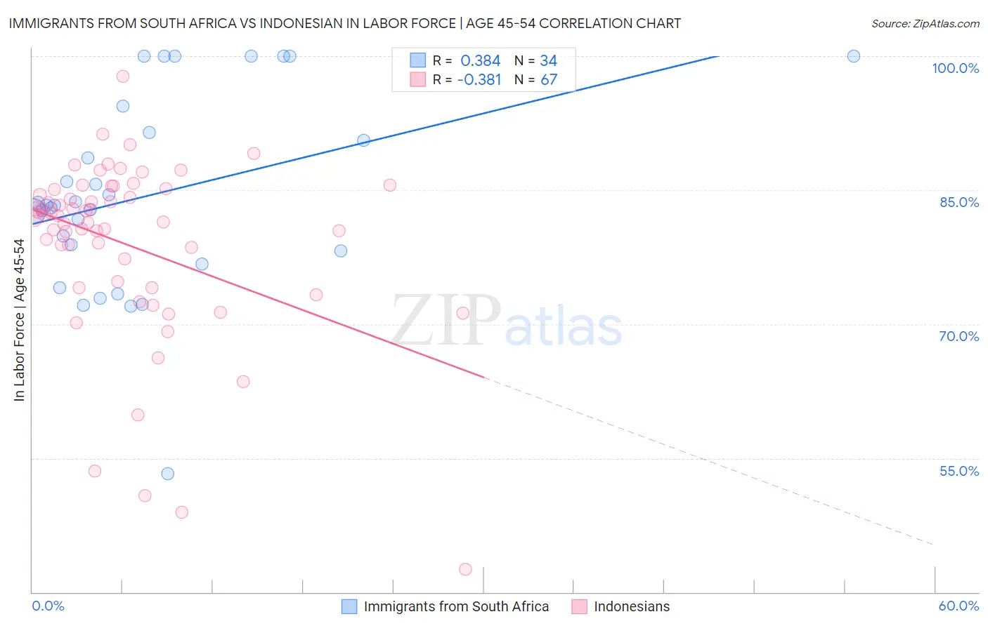 Immigrants from South Africa vs Indonesian In Labor Force | Age 45-54