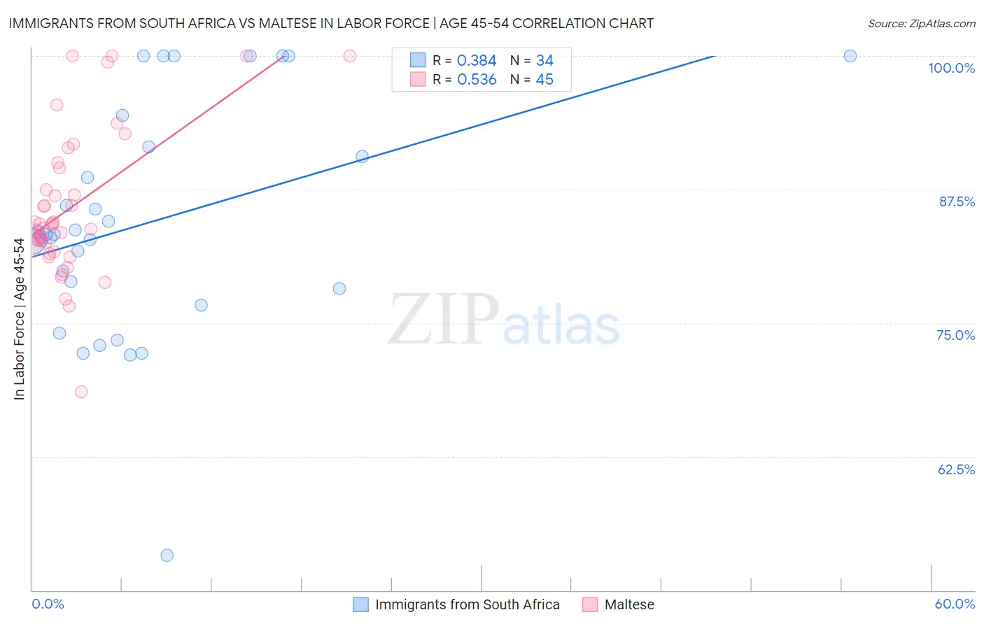 Immigrants from South Africa vs Maltese In Labor Force | Age 45-54