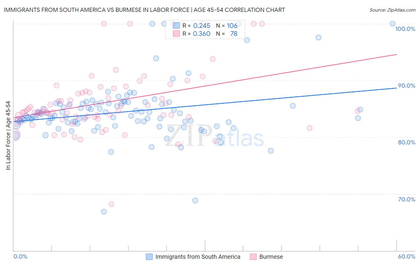 Immigrants from South America vs Burmese In Labor Force | Age 45-54