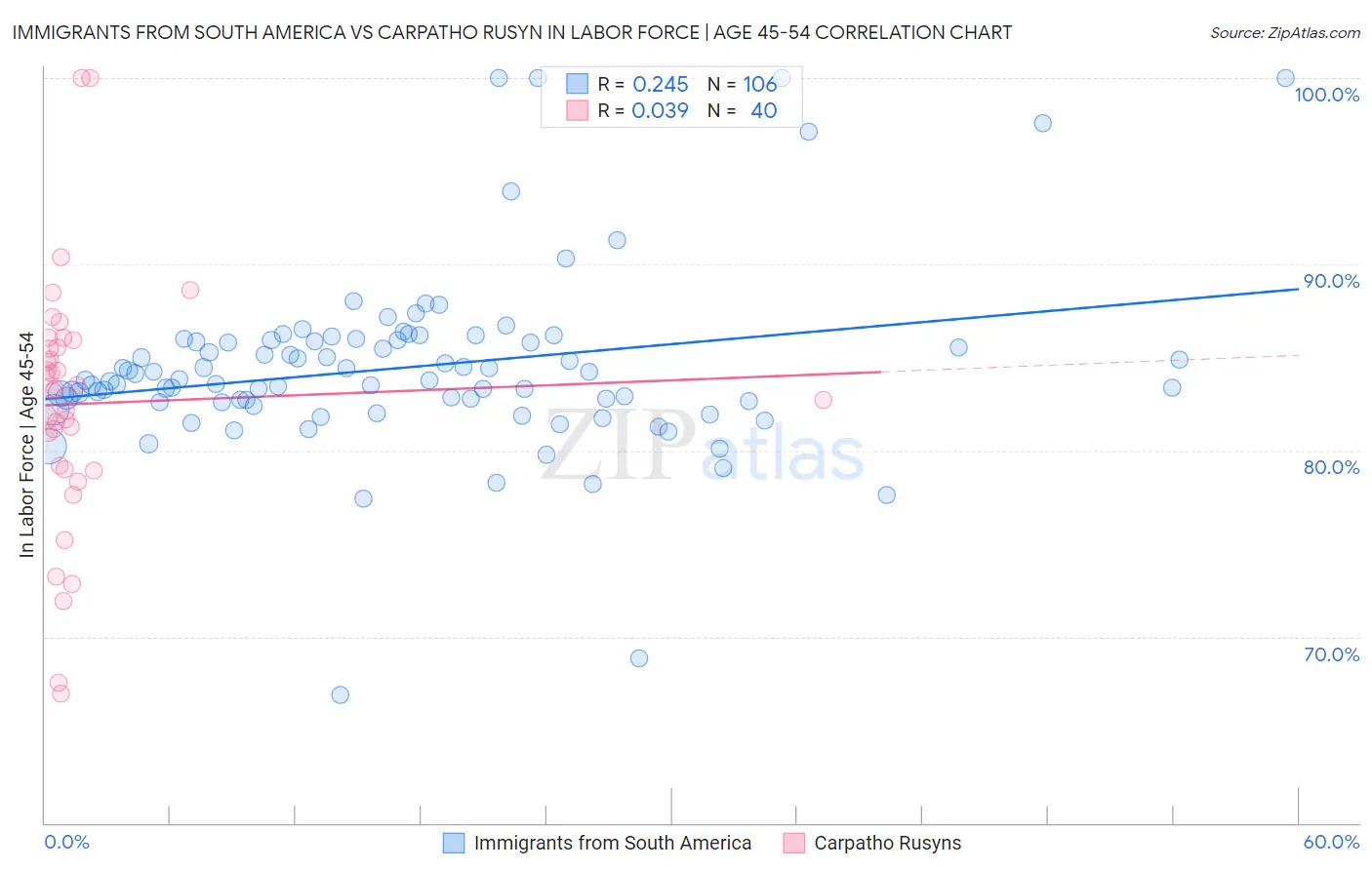 Immigrants from South America vs Carpatho Rusyn In Labor Force | Age 45-54