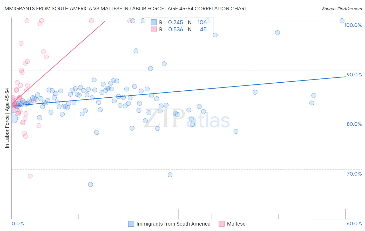 Immigrants from South America vs Maltese In Labor Force | Age 45-54