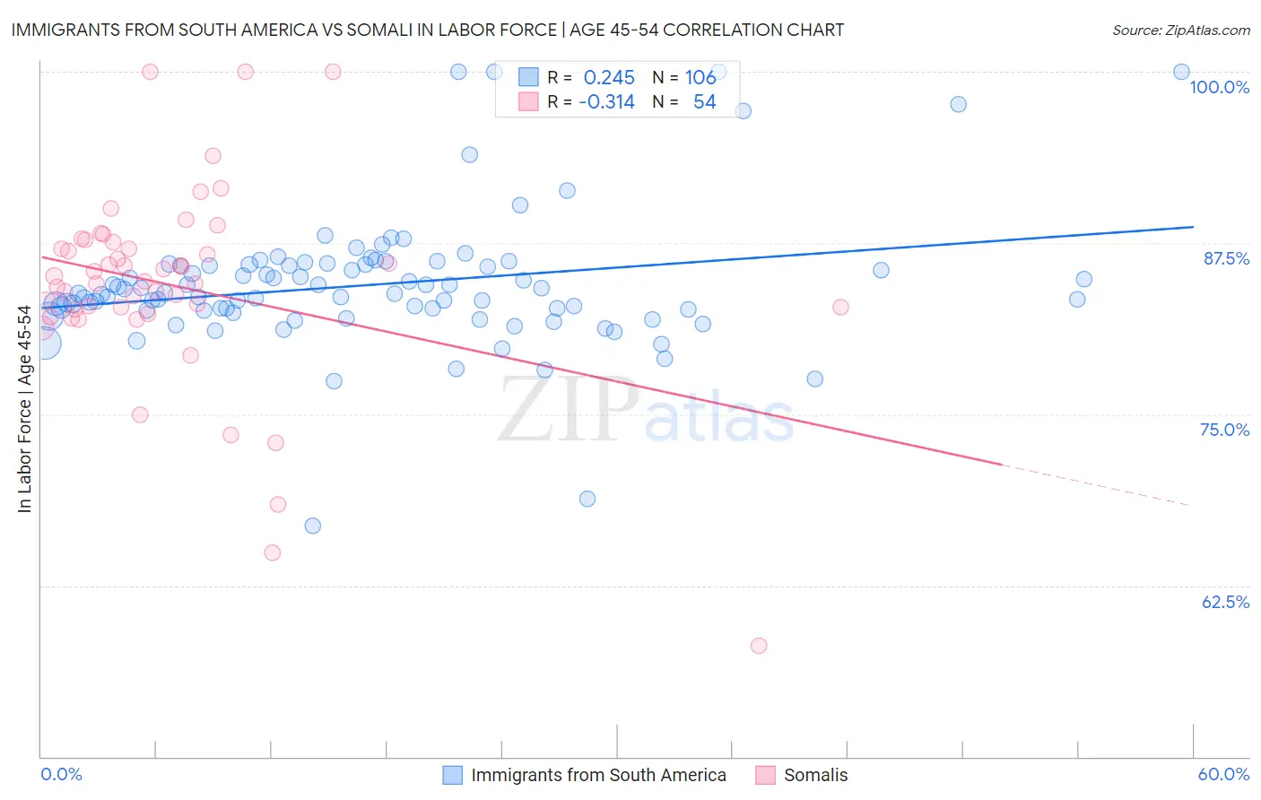 Immigrants from South America vs Somali In Labor Force | Age 45-54
