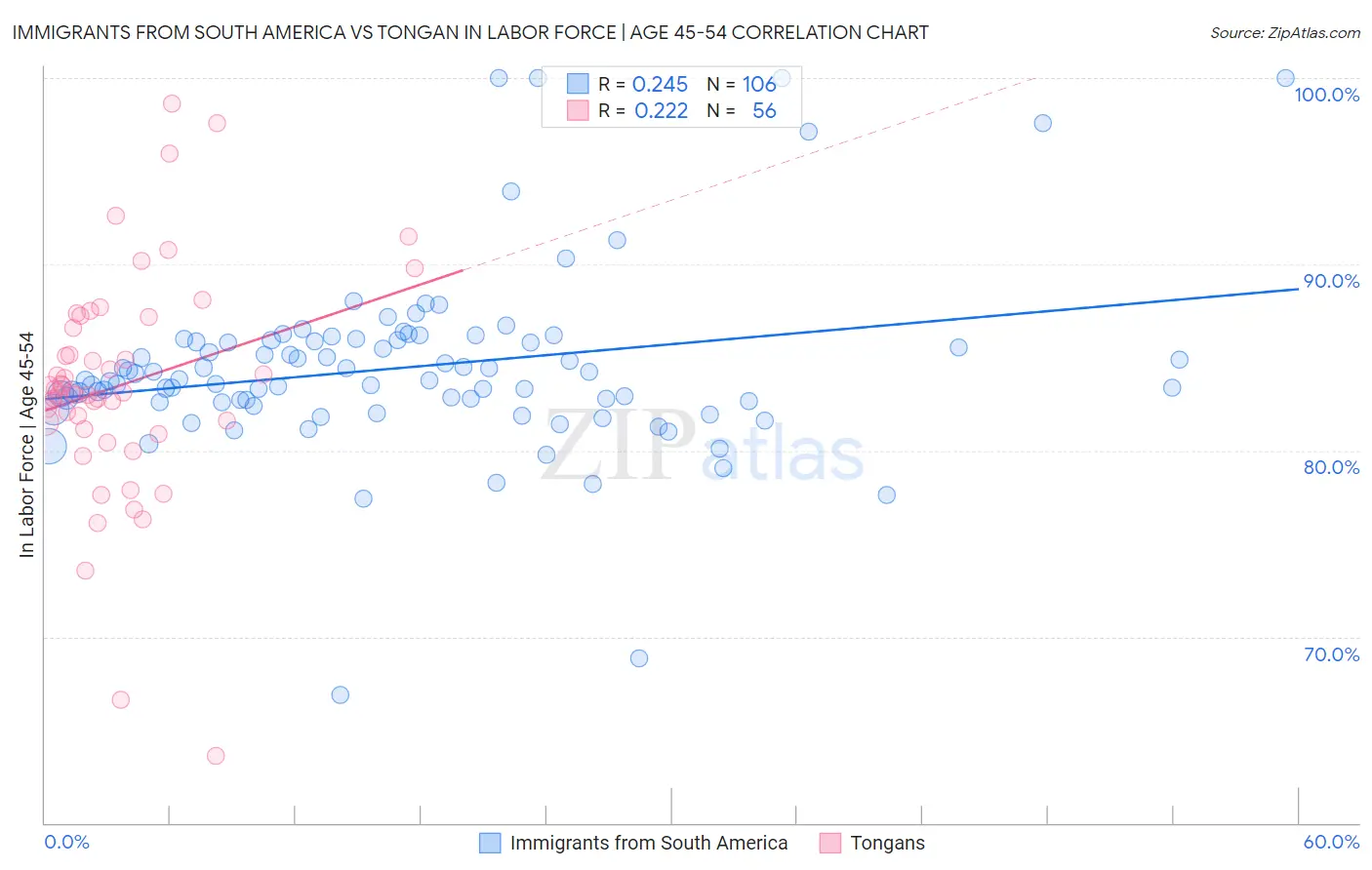 Immigrants from South America vs Tongan In Labor Force | Age 45-54