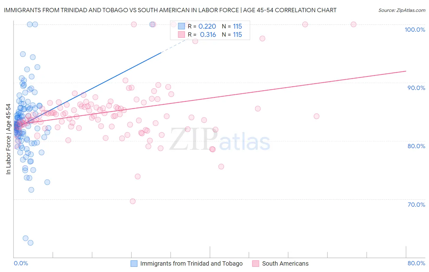 Immigrants from Trinidad and Tobago vs South American In Labor Force | Age 45-54