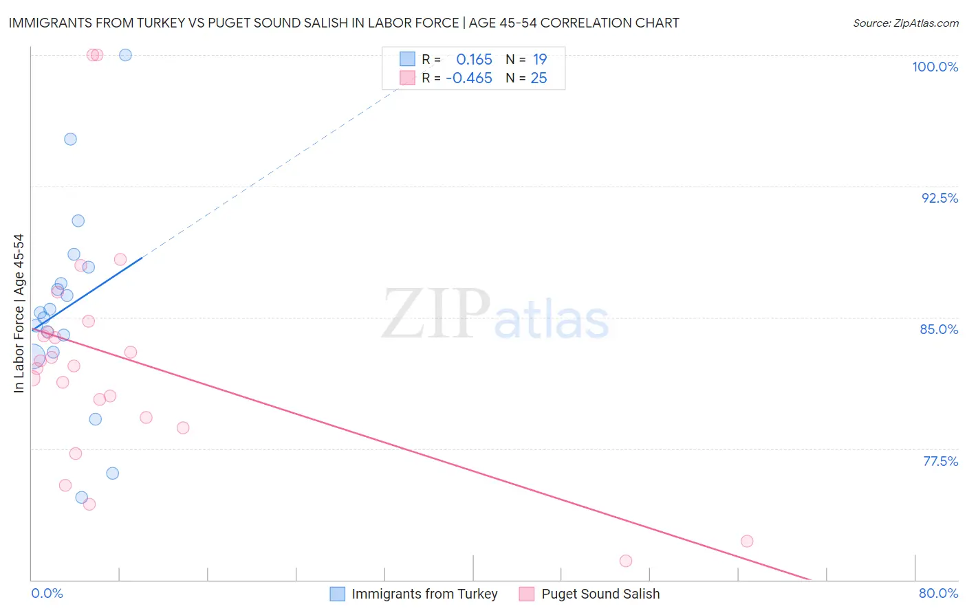Immigrants from Turkey vs Puget Sound Salish In Labor Force | Age 45-54