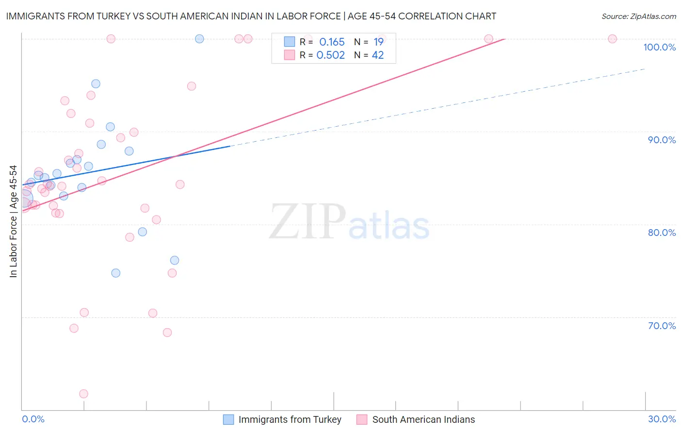 Immigrants from Turkey vs South American Indian In Labor Force | Age 45-54
