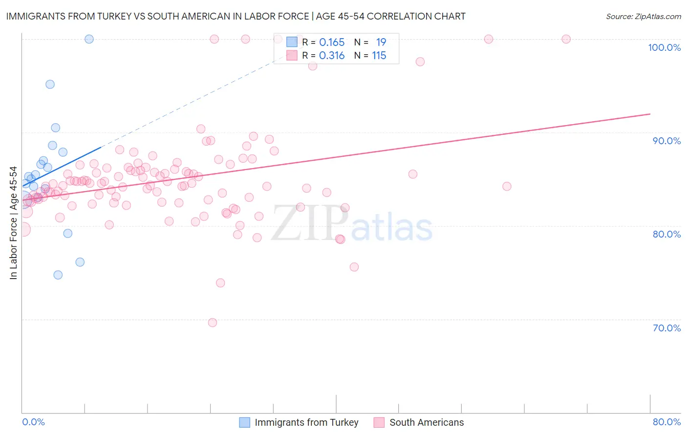 Immigrants from Turkey vs South American In Labor Force | Age 45-54
