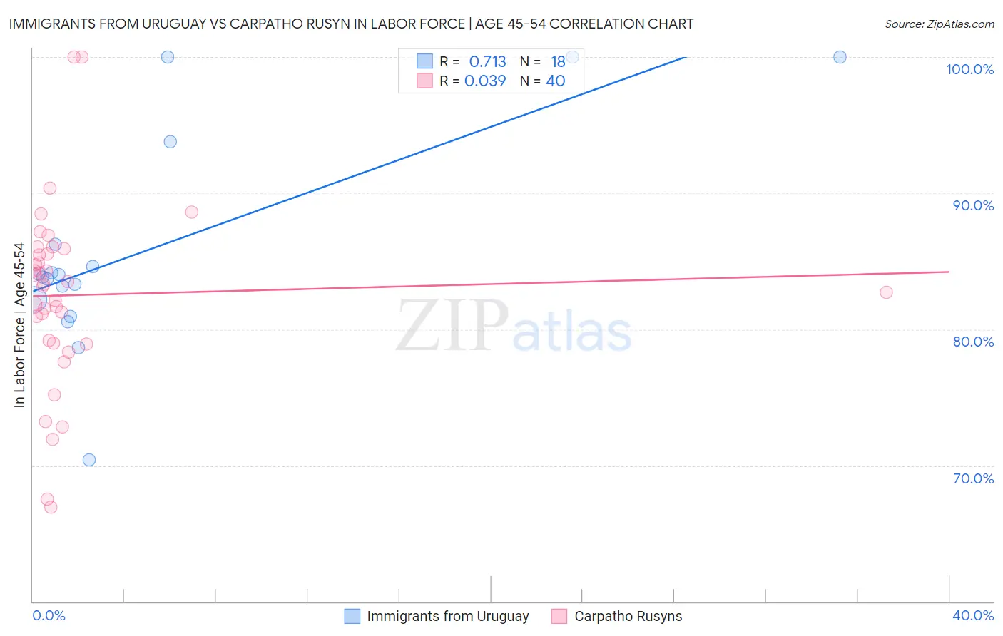 Immigrants from Uruguay vs Carpatho Rusyn In Labor Force | Age 45-54