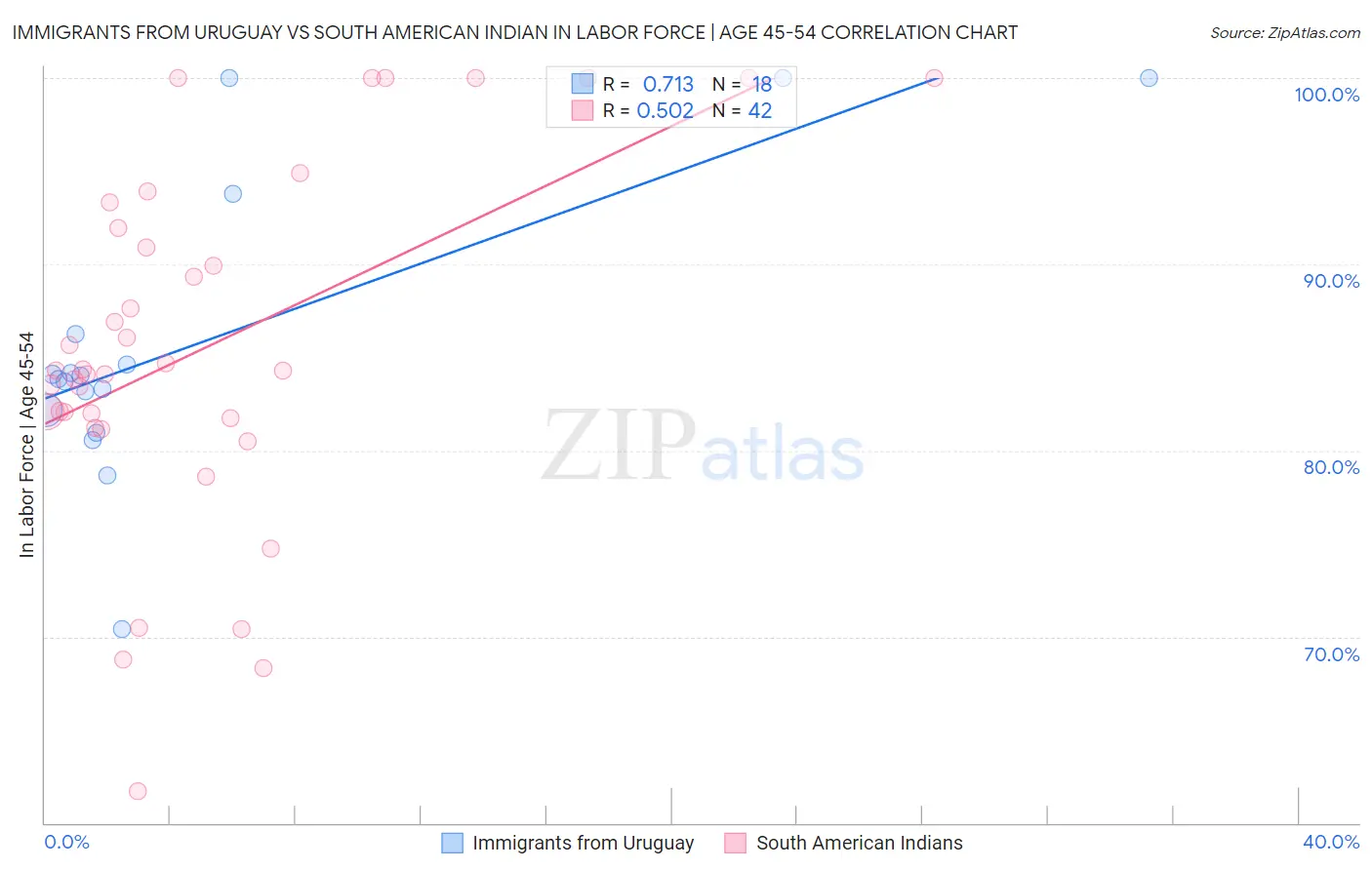Immigrants from Uruguay vs South American Indian In Labor Force | Age 45-54