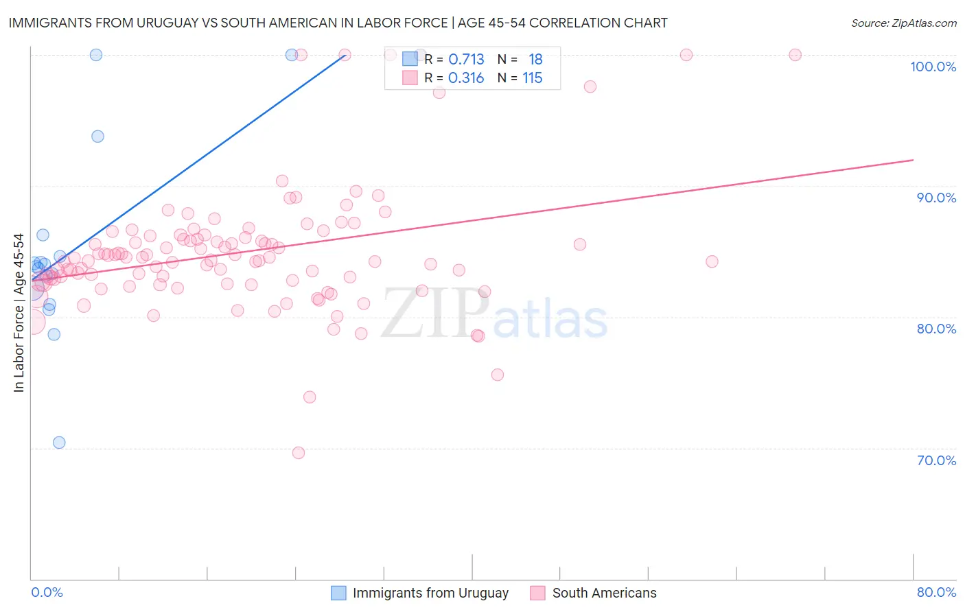 Immigrants from Uruguay vs South American In Labor Force | Age 45-54