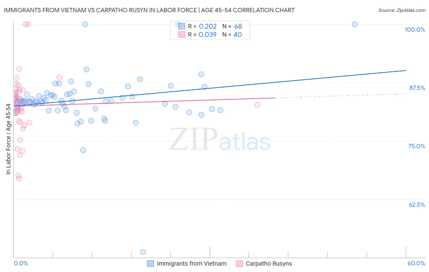 Immigrants from Vietnam vs Carpatho Rusyn In Labor Force | Age 45-54