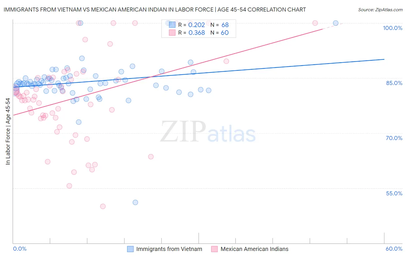 Immigrants from Vietnam vs Mexican American Indian In Labor Force | Age 45-54