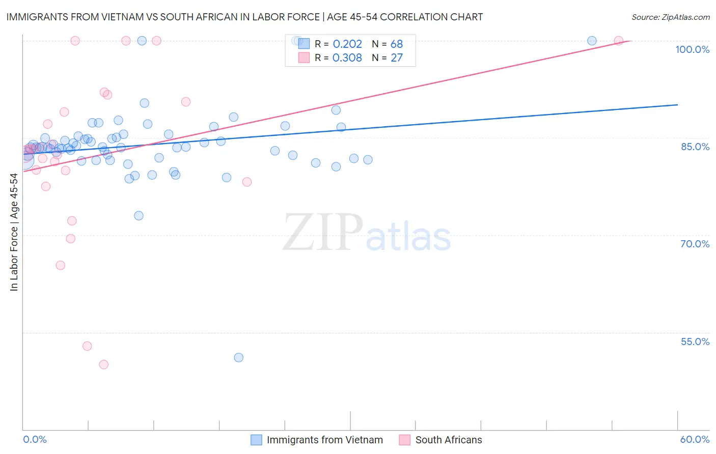 Immigrants from Vietnam vs South African In Labor Force | Age 45-54