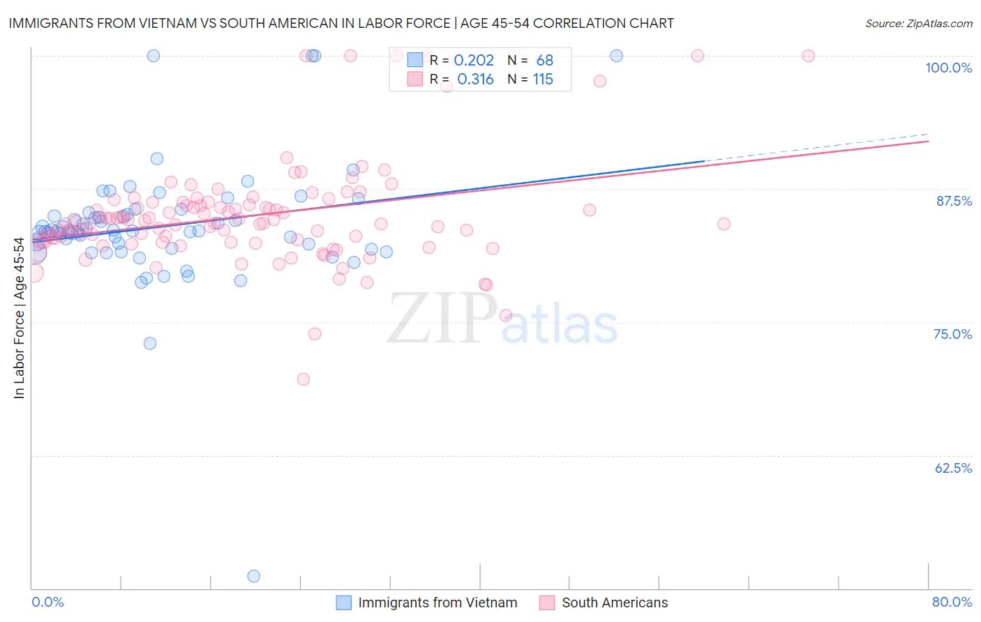 Immigrants from Vietnam vs South American In Labor Force | Age 45-54