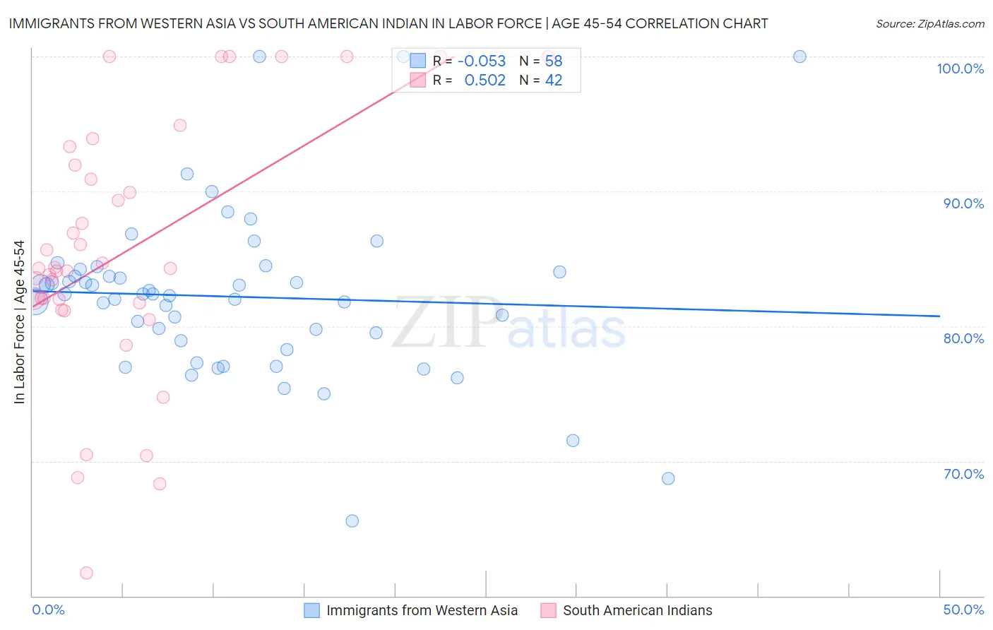 Immigrants from Western Asia vs South American Indian In Labor Force | Age 45-54