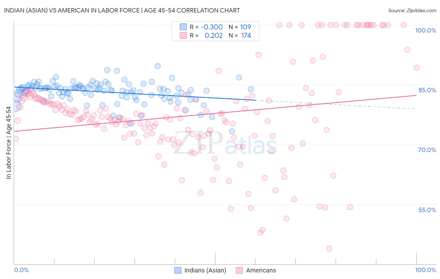 Indian (Asian) vs American In Labor Force | Age 45-54