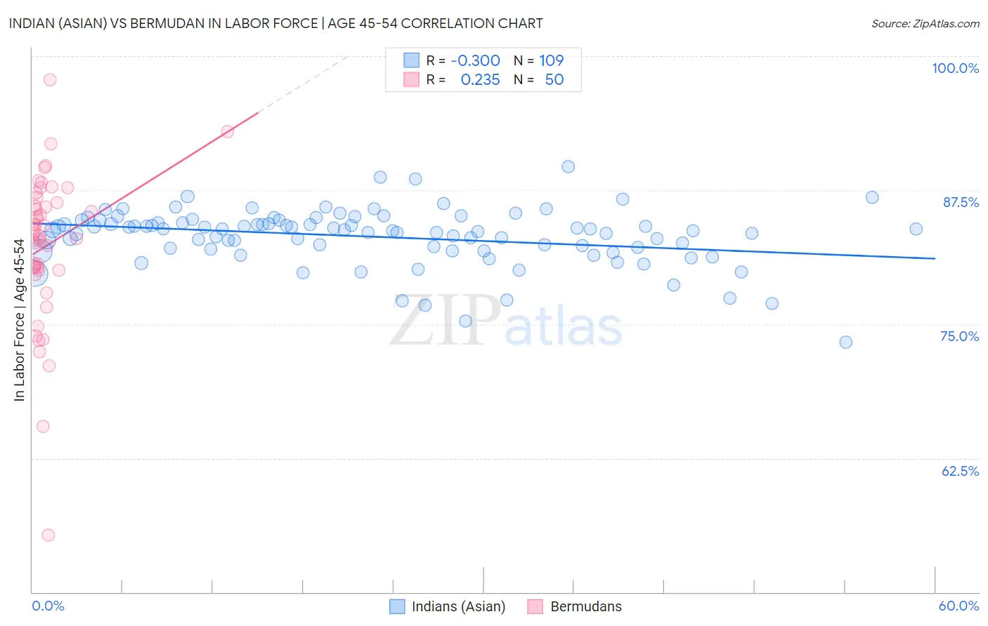 Indian (Asian) vs Bermudan In Labor Force | Age 45-54