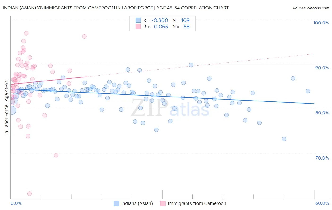 Indian (Asian) vs Immigrants from Cameroon In Labor Force | Age 45-54