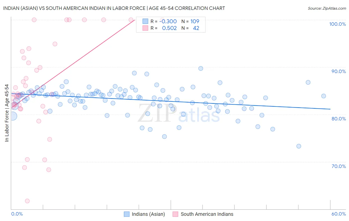 Indian (Asian) vs South American Indian In Labor Force | Age 45-54