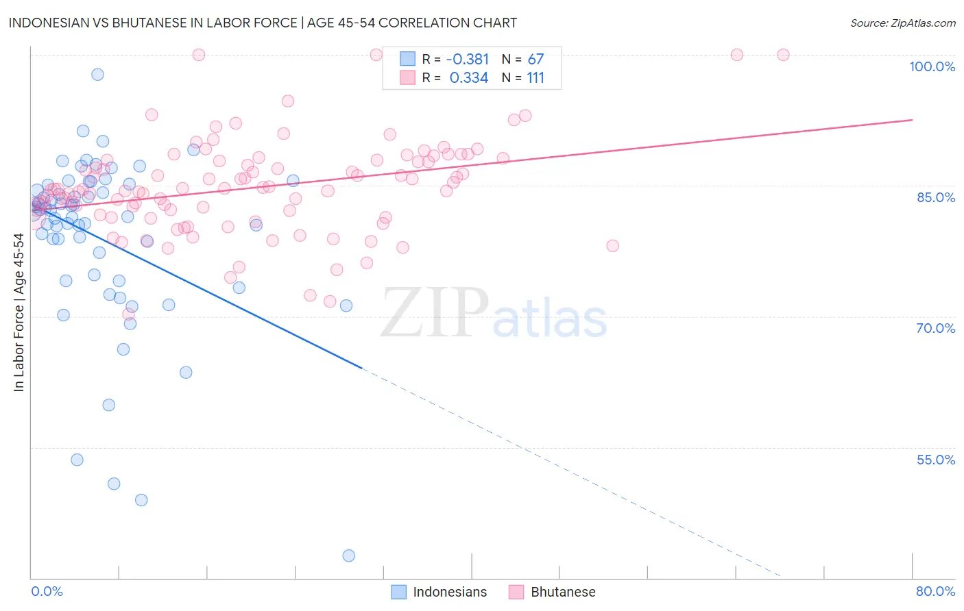 Indonesian vs Bhutanese In Labor Force | Age 45-54