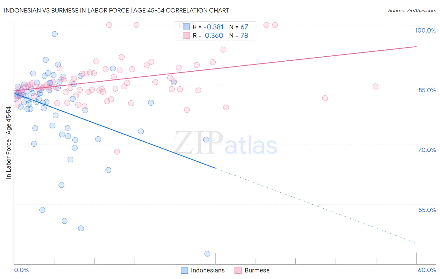 Indonesian vs Burmese In Labor Force | Age 45-54