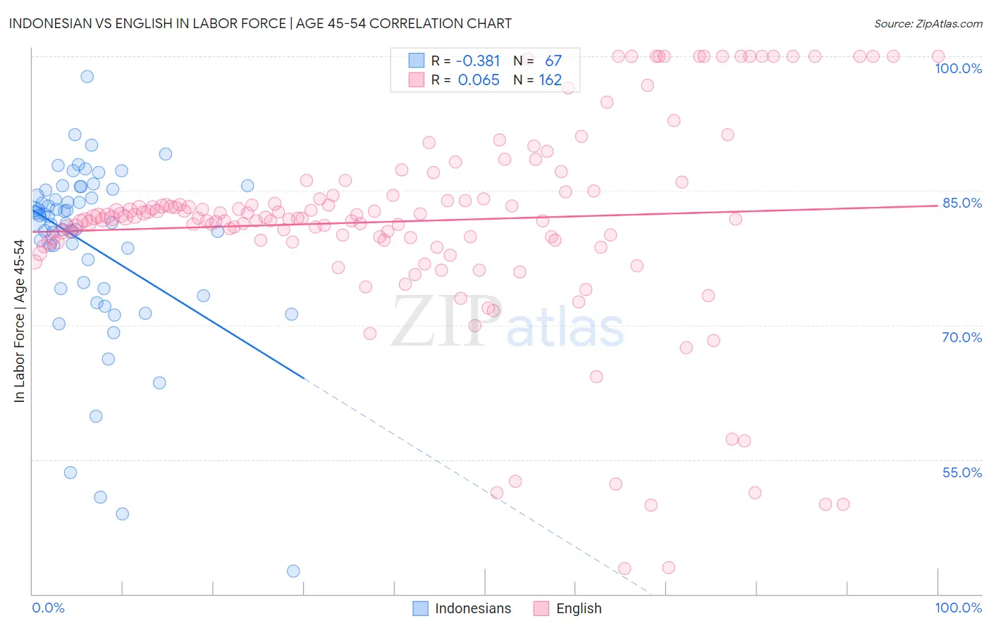 Indonesian vs English In Labor Force | Age 45-54