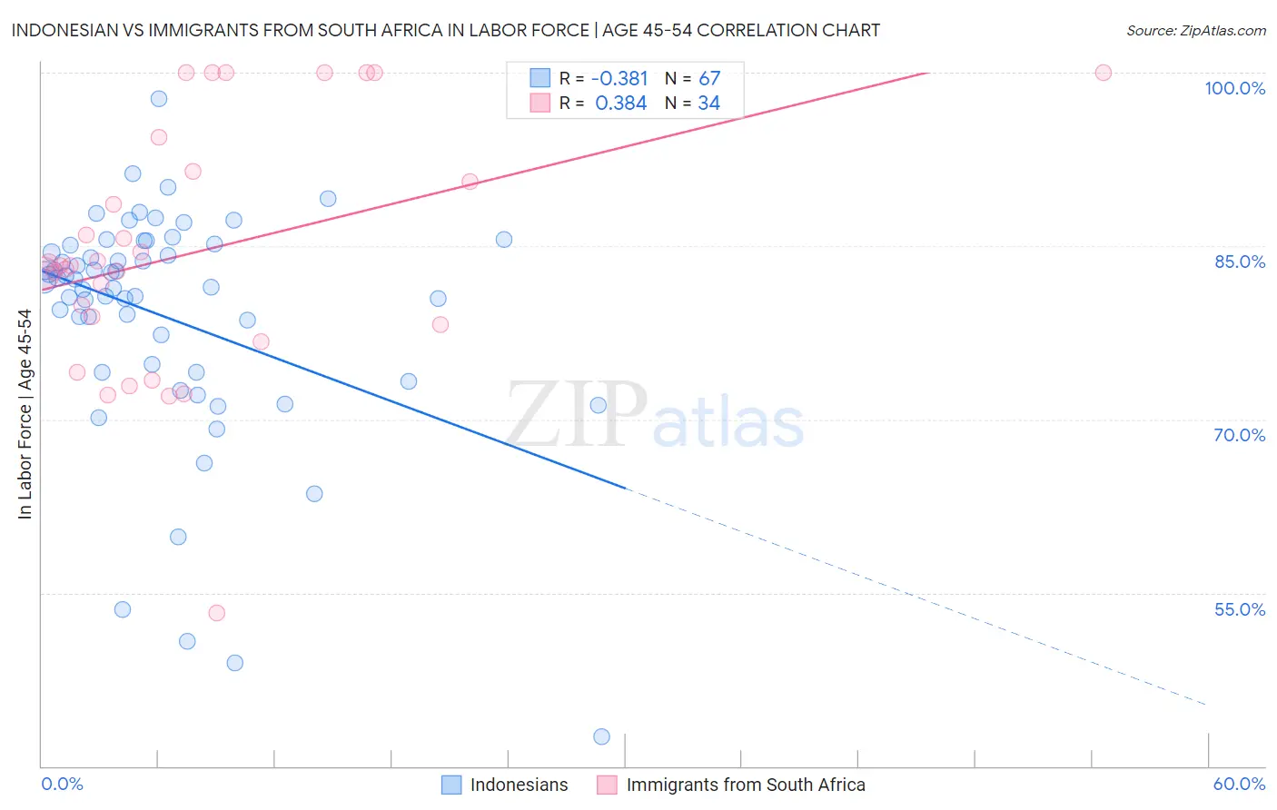 Indonesian vs Immigrants from South Africa In Labor Force | Age 45-54