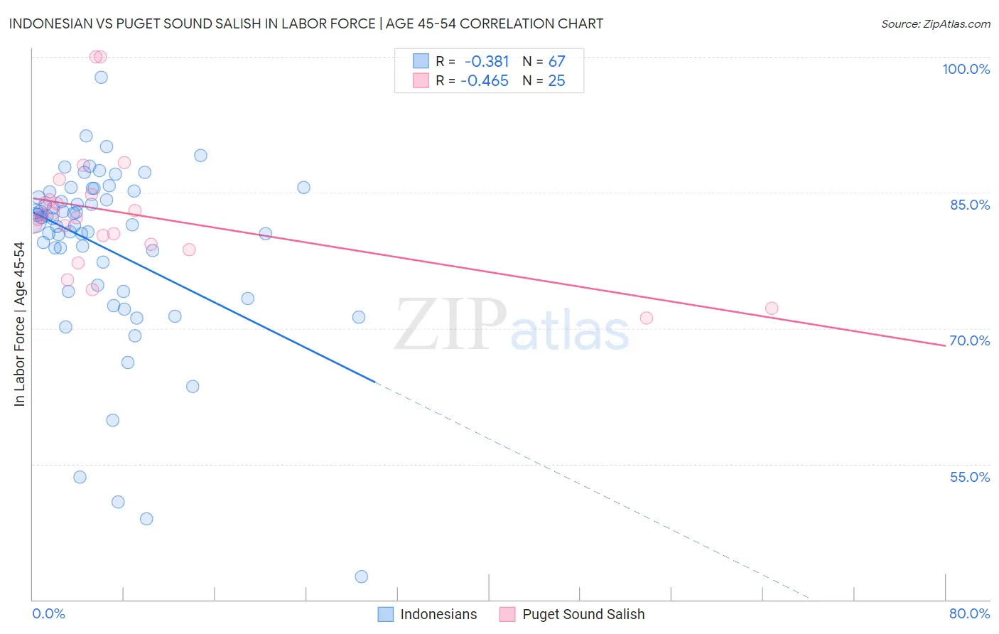 Indonesian vs Puget Sound Salish In Labor Force | Age 45-54