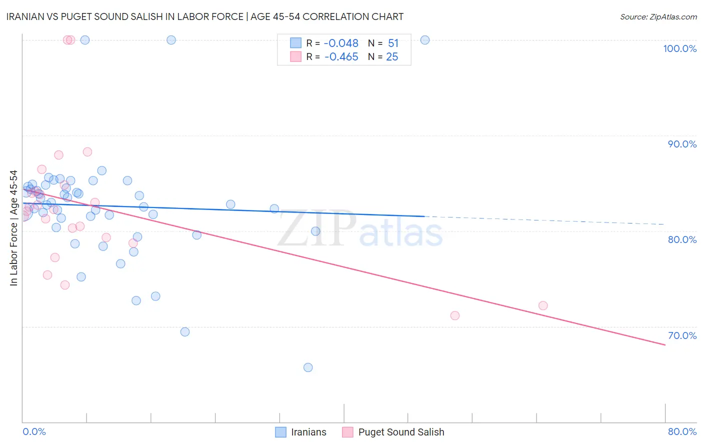 Iranian vs Puget Sound Salish In Labor Force | Age 45-54