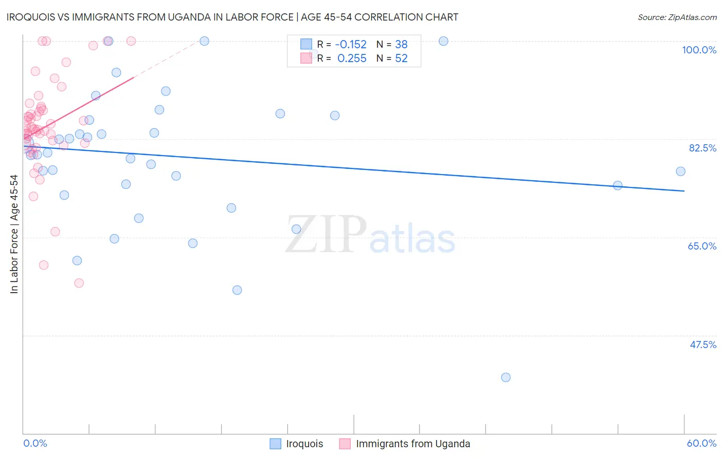 Iroquois vs Immigrants from Uganda In Labor Force | Age 45-54