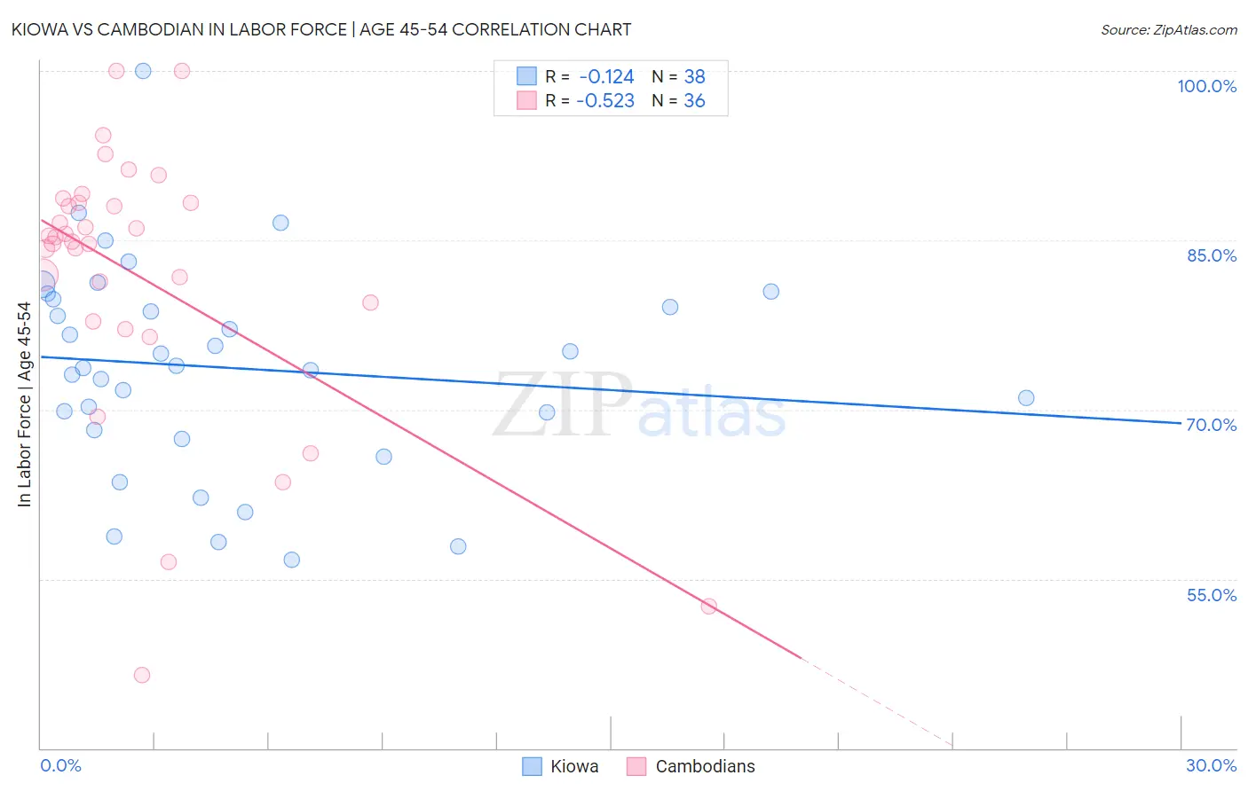 Kiowa vs Cambodian In Labor Force | Age 45-54