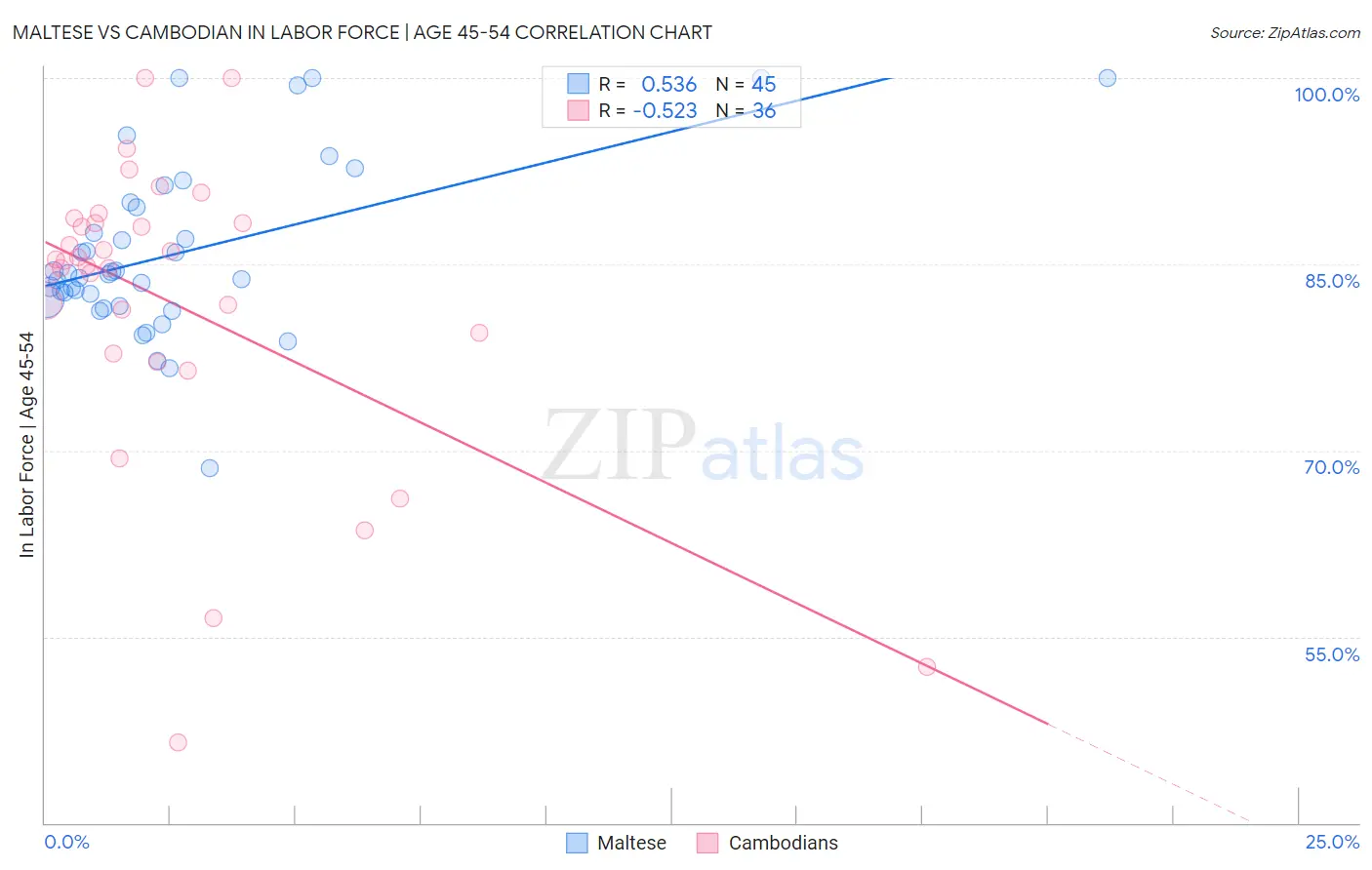 Maltese vs Cambodian In Labor Force | Age 45-54