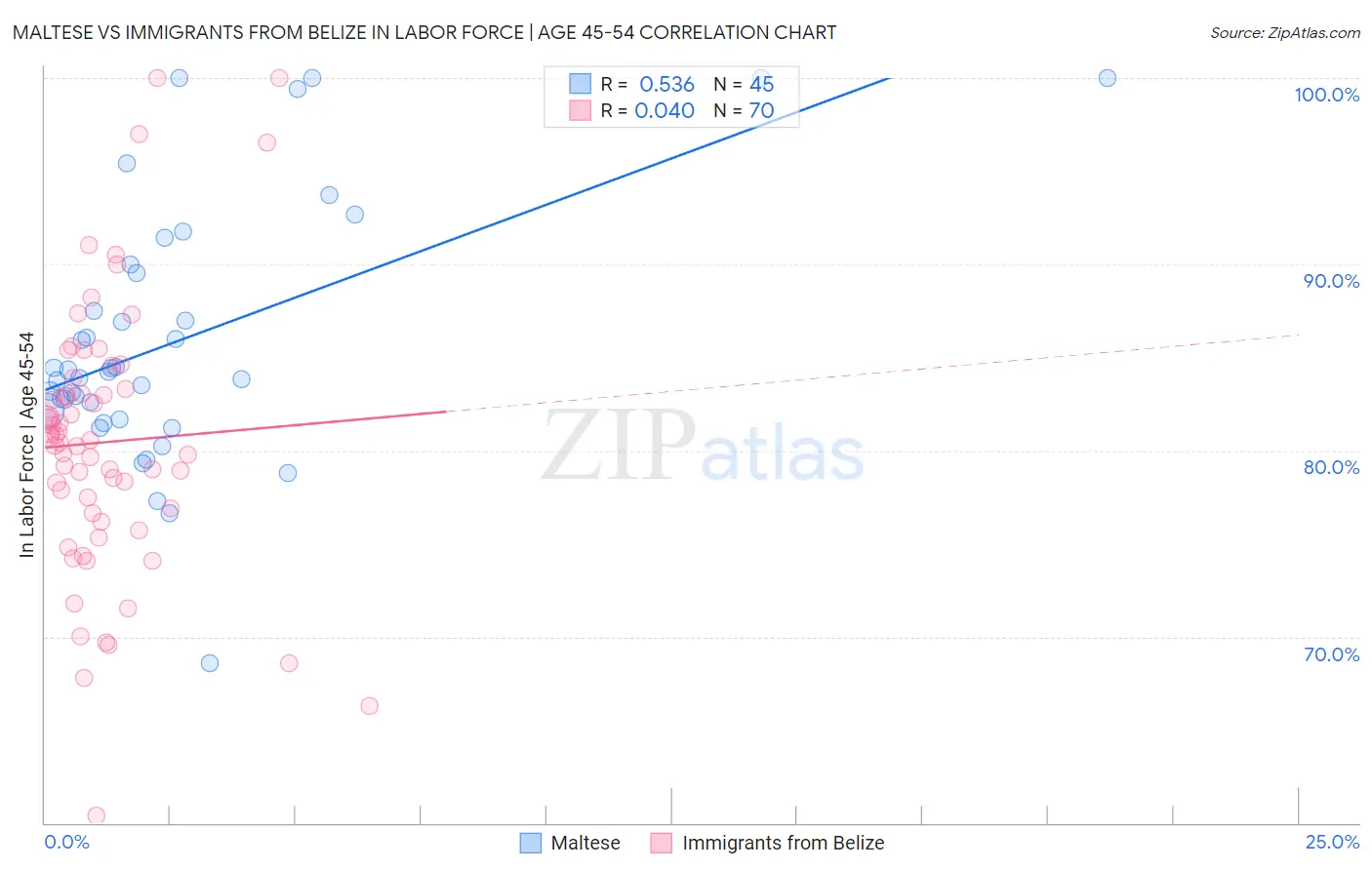 Maltese vs Immigrants from Belize In Labor Force | Age 45-54