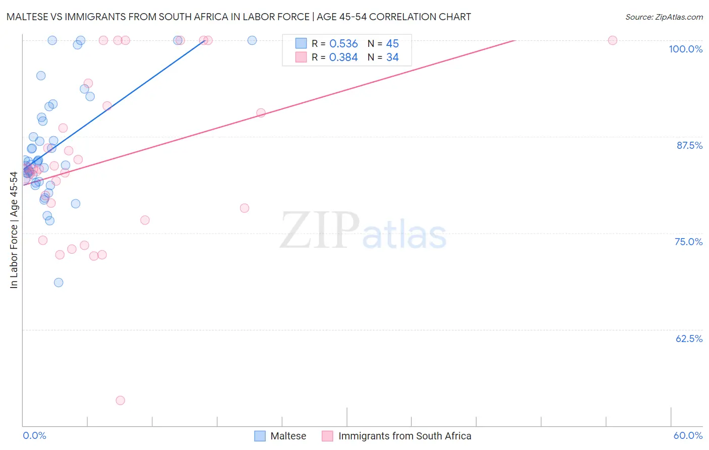 Maltese vs Immigrants from South Africa In Labor Force | Age 45-54
