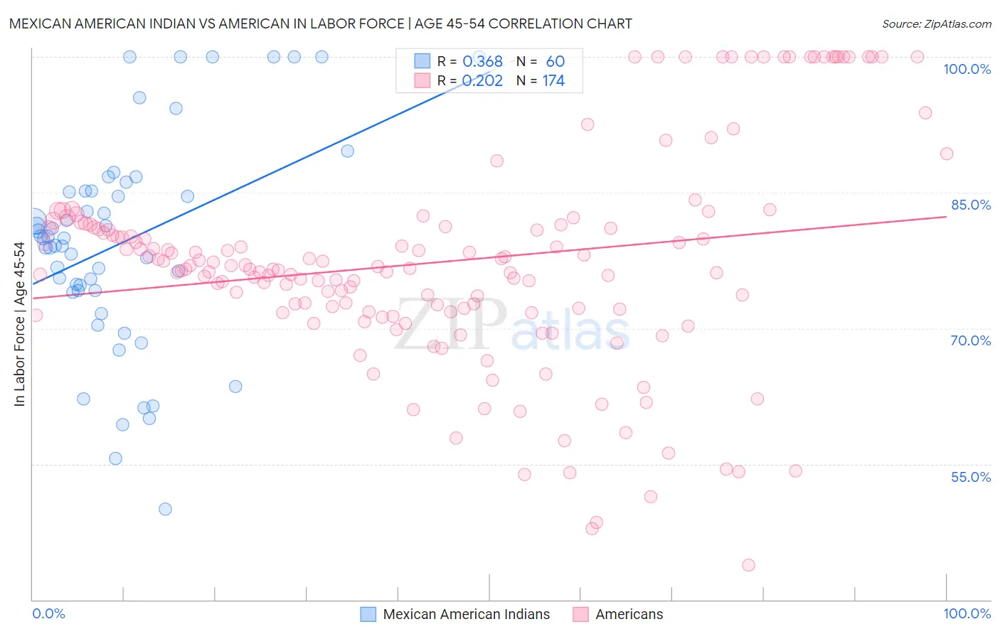 Mexican American Indian vs American In Labor Force | Age 45-54