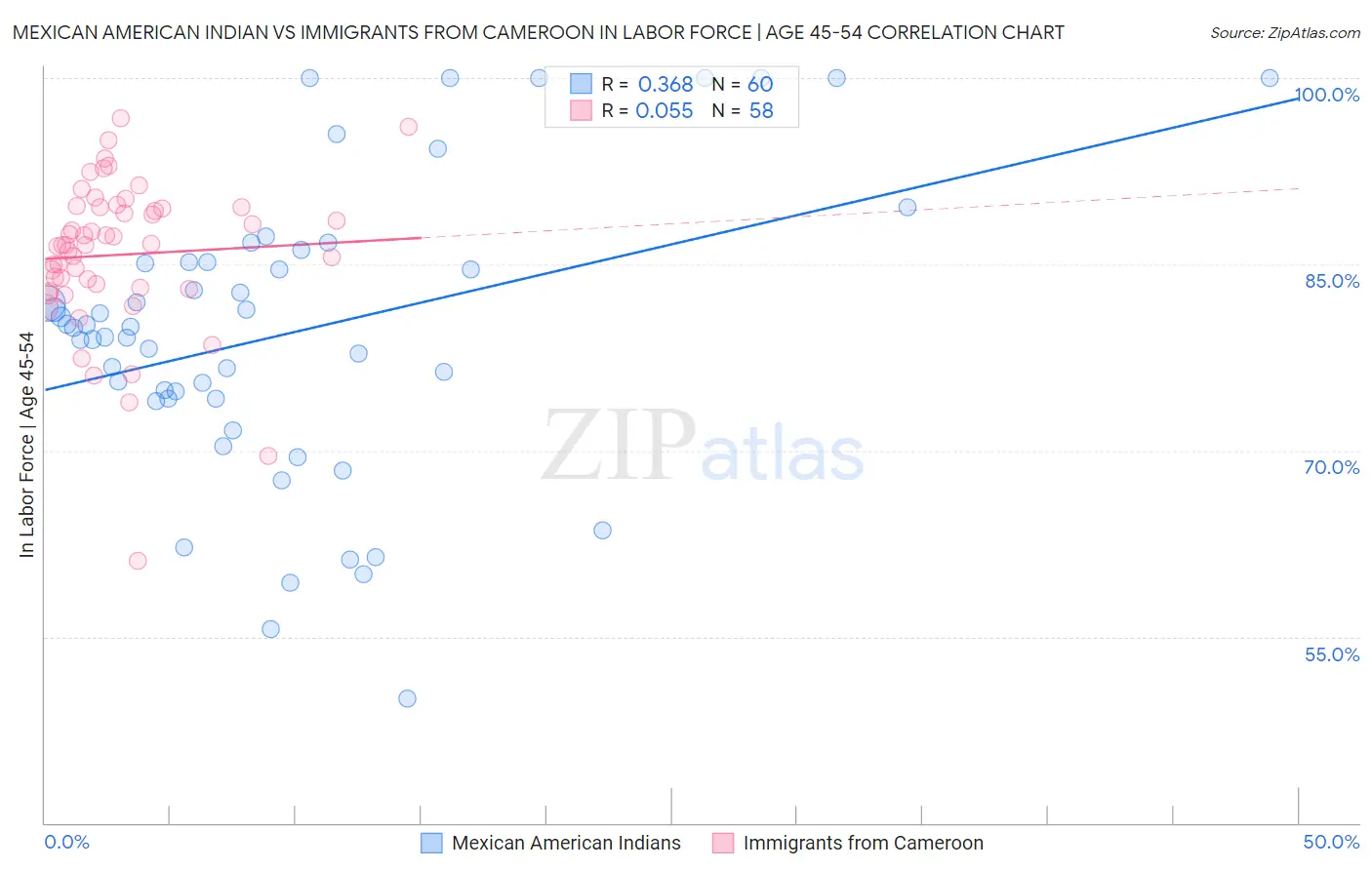 Mexican American Indian vs Immigrants from Cameroon In Labor Force | Age 45-54