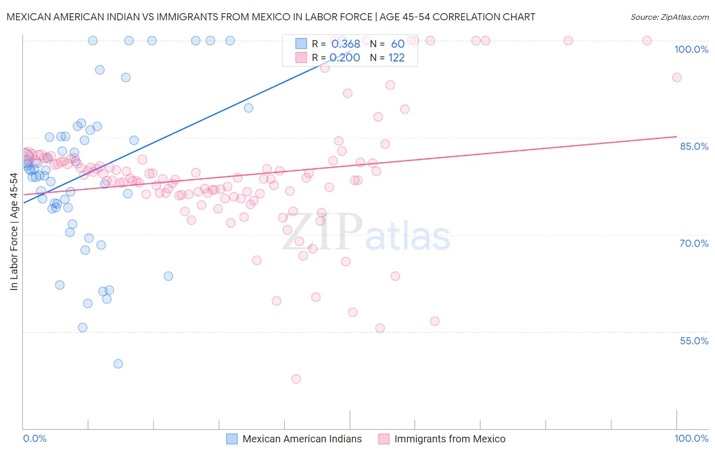 Mexican American Indian vs Immigrants from Mexico In Labor Force | Age 45-54