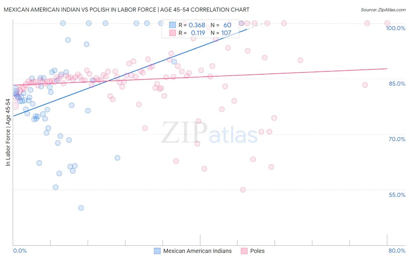 Mexican American Indian vs Polish In Labor Force | Age 45-54