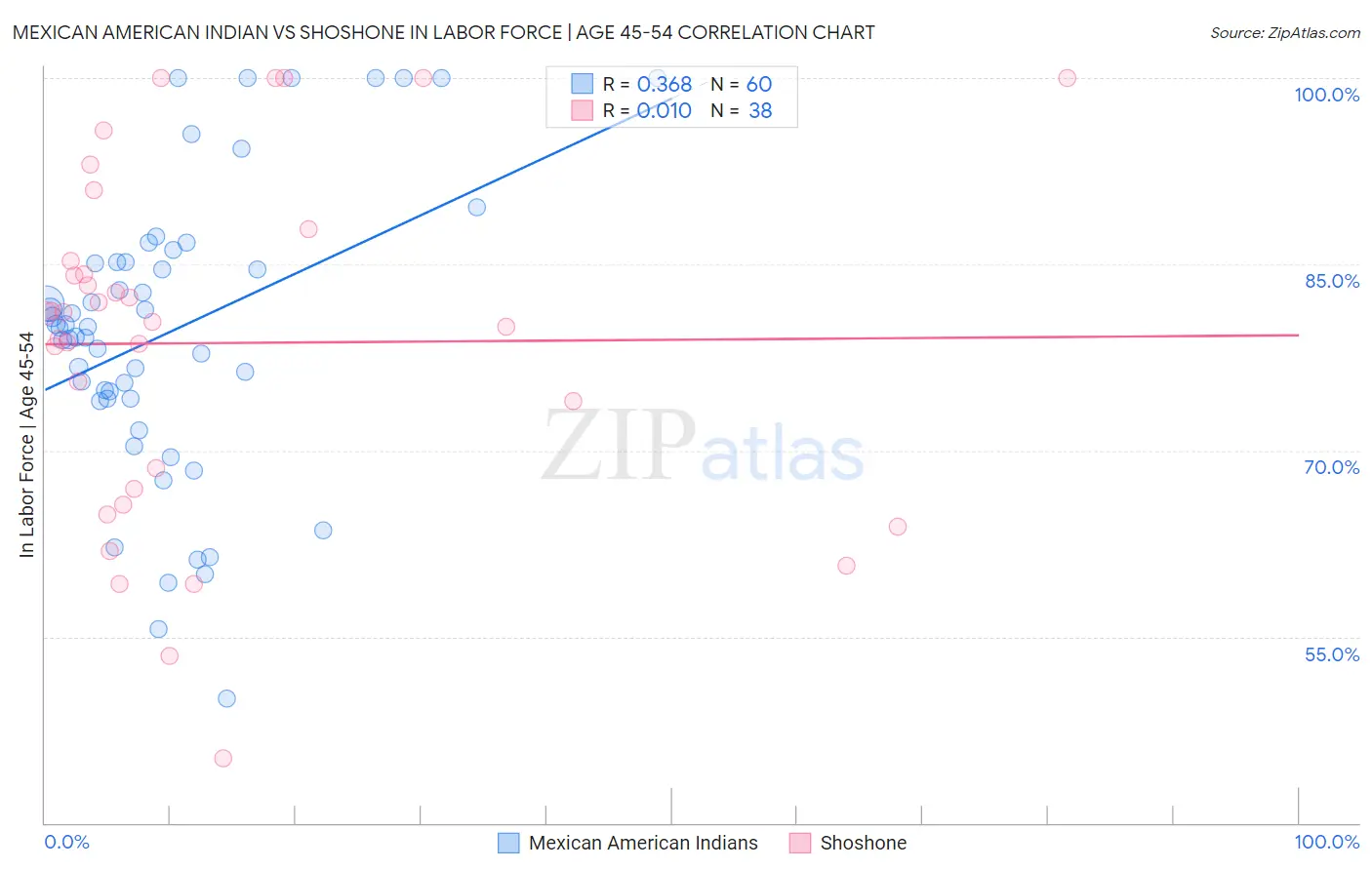 Mexican American Indian vs Shoshone In Labor Force | Age 45-54