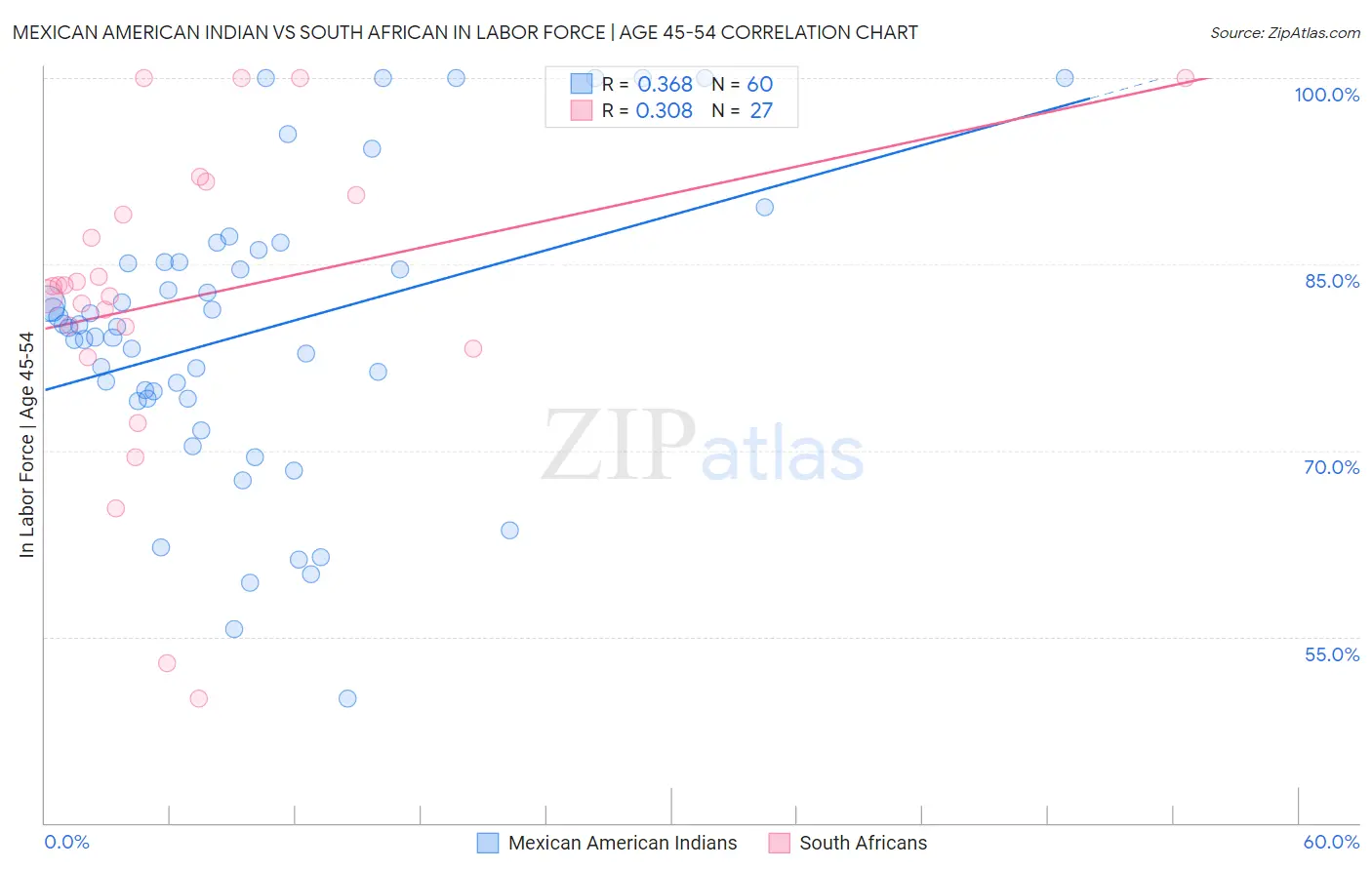 Mexican American Indian vs South African In Labor Force | Age 45-54