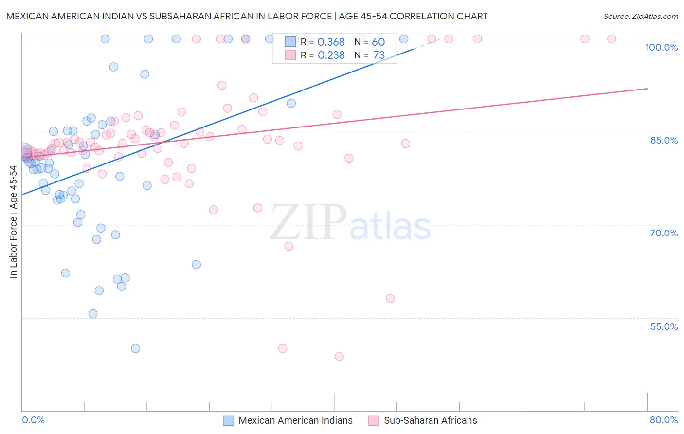 Mexican American Indian vs Subsaharan African In Labor Force | Age 45-54