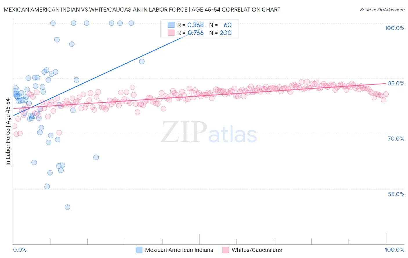 Mexican American Indian vs White/Caucasian In Labor Force | Age 45-54