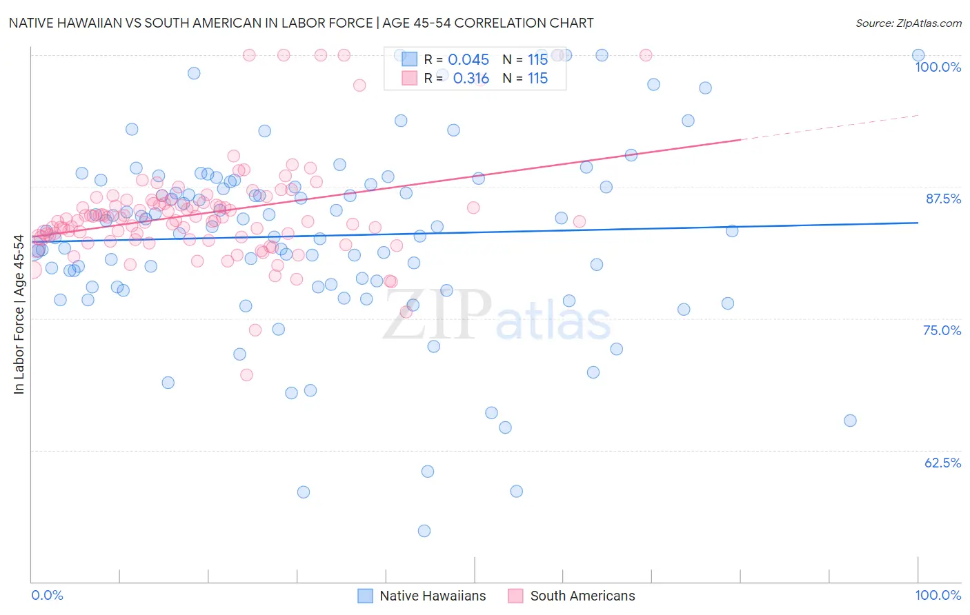 Native Hawaiian vs South American In Labor Force | Age 45-54